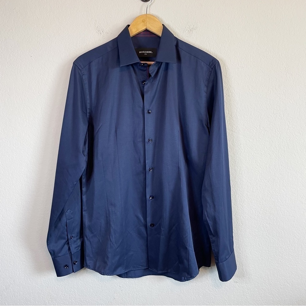 Bogosse Navy Blue Offset Plaid Lapel & Flip Cuff Button Front Long Sleeve Shirt